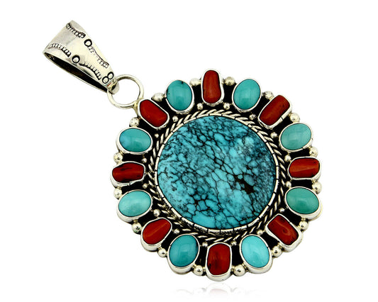 Navajo Pendant .925 Silver Natural Turquoise & Coral Signed Artist BP C.80's