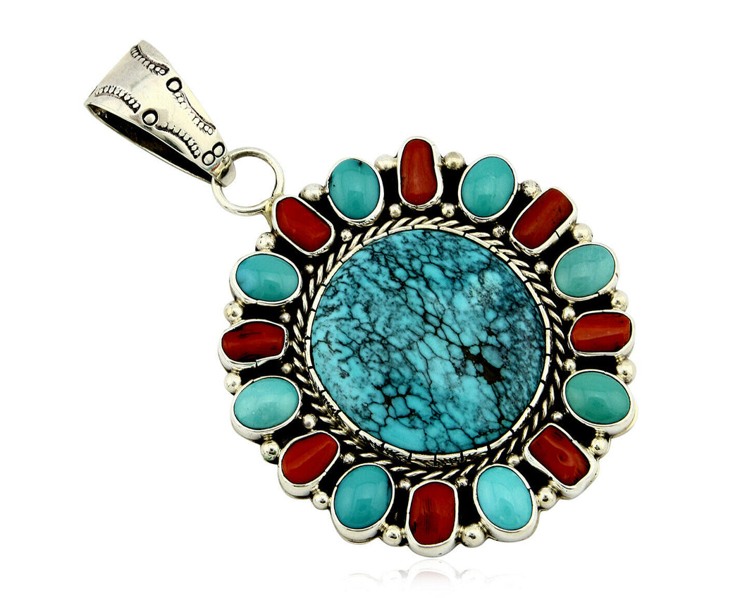 Navajo Pendant .925 Silver Natural Turquoise & Coral Signed Artist BP C.80's