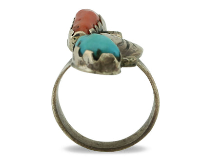 Navajo Ring .925 Silver Turquoise & Coral Native American Artist C.1980's