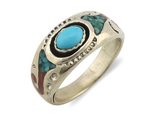 Navajo Handmade Ring 925 Silver Blue Turquoise & Coral Native American Artist