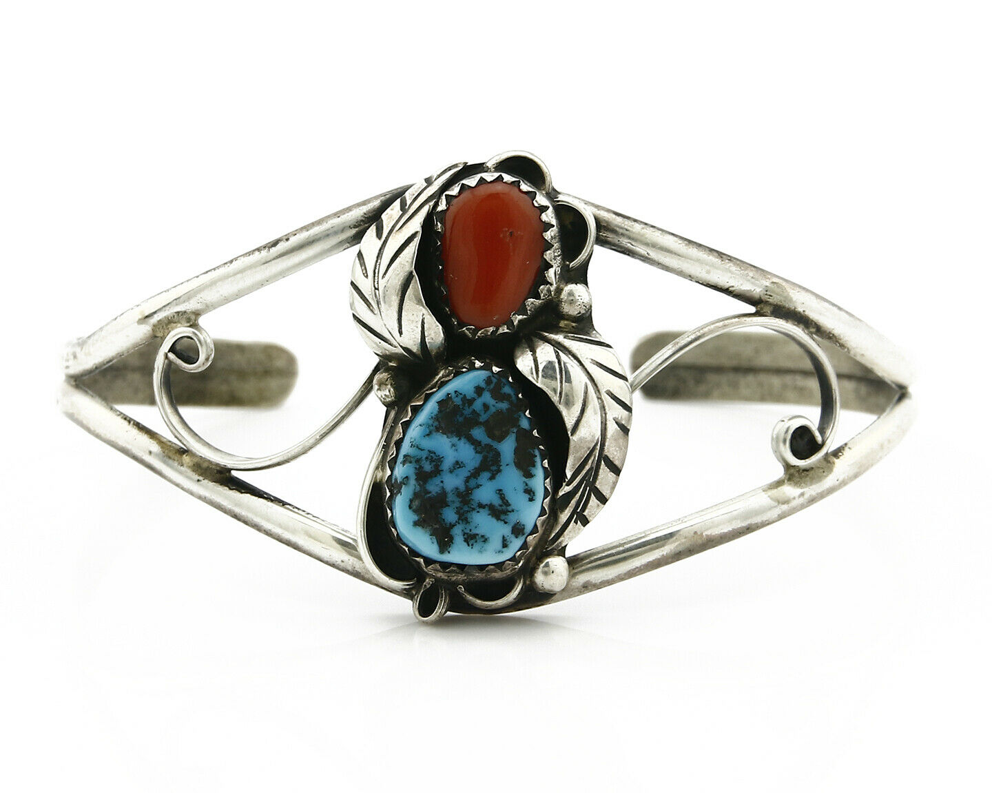 Women's Navajo Bracelet .925 Silver Turquoise & Red Coral Native American Cuff