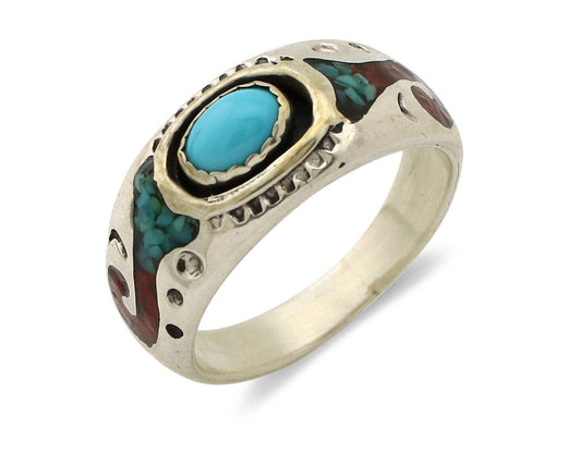 Navajo Handmade Ring 925 Silver Blue Turquoise & Coral Native American C.80's