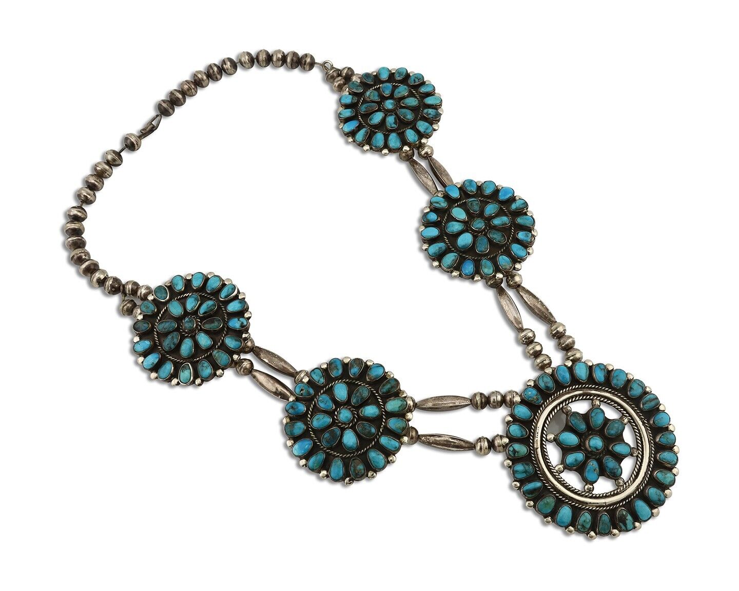 Navajo Concho Necklace 925 Silver Natural Blue Turquoise Artist Signed NEF C.80s