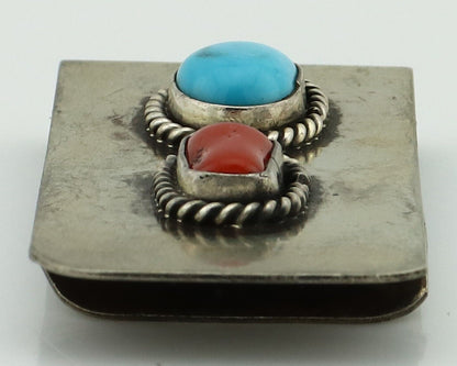 Navajo Money Clip 925 Silver & 999 Nickel Natural Turquoise & Coral Artist C80