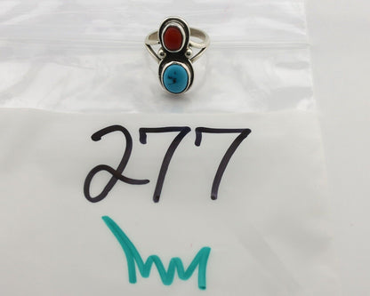 Navajo Inlay Band Ring 925 Silver Turquoise & Coral Native Artist C.80's