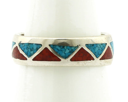 Navajo Chip Inlay Ring 925 Silver Sleeping Beauty Turquoise & Coral Silver Cloud