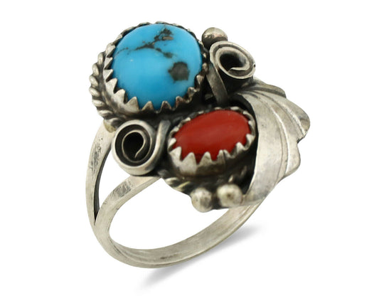 Navajo Ring .925 Silver Morenci Turquoise & Coral Native Artist Signed JM C.80's