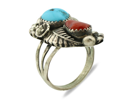 Navajo Ring .925 Silver Turquoise & Coral Artist Signed Thomas Singer C.80's