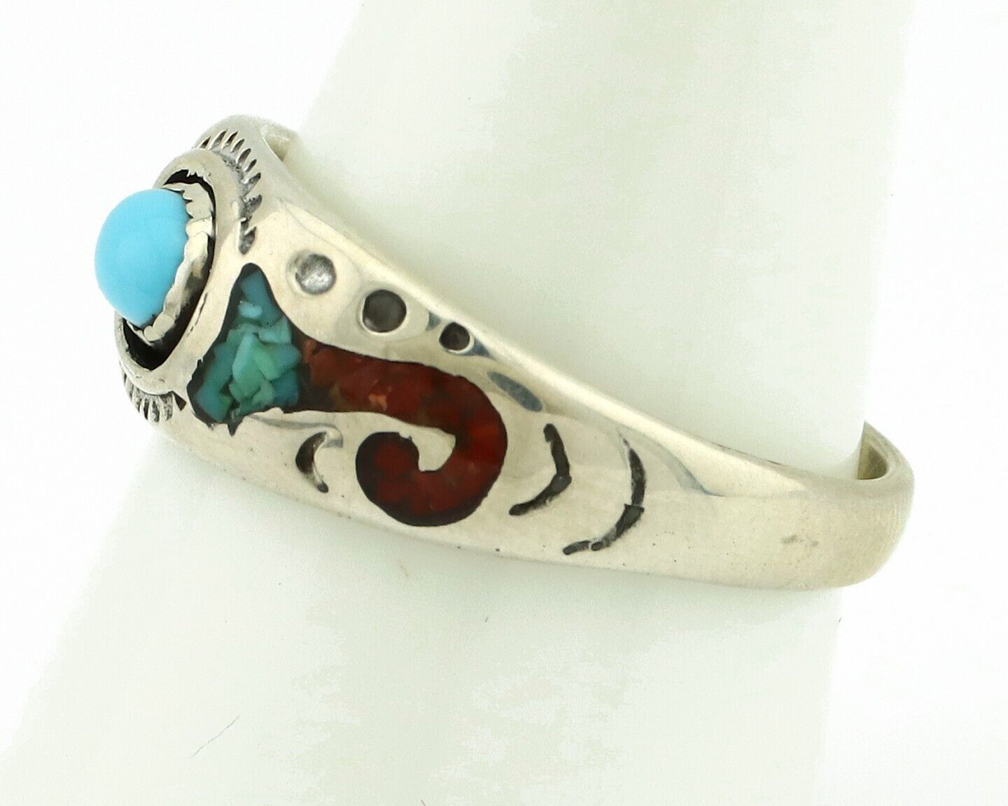 Navajo Handmade Ring 925 Silver Blue Turquoise & Coral Native American C.80's