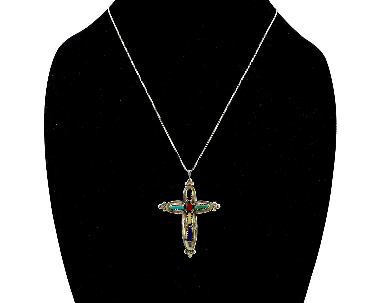 Zuni Handmade Cross Necklace 925 Silver Natural Gemstone Signed E Kaskalla C.80s