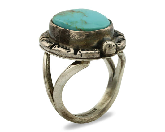 Navajo Ring .925 Silver Kingman Turquoise Artist Signed Gecko C.1980's