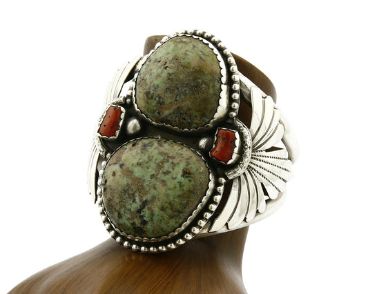 Navajo Turquoise Coral Bracelet .925 Silver Handmade Artist Gomez C.2005