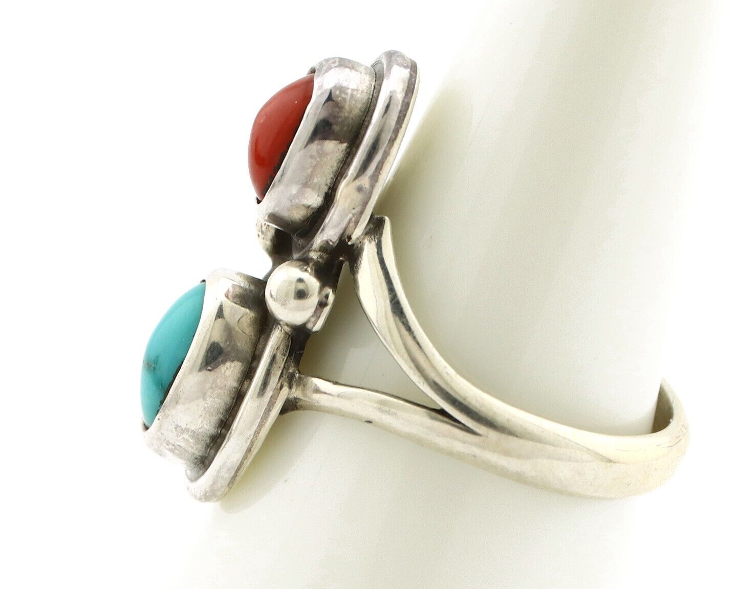 Navajo Handmade Ring 925 Silver Coral & Turquoise Native American Artist C.80's