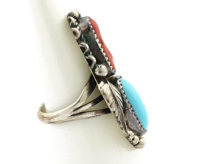 Navajo Ring 925 Silver Blue Turquoise & Coral Signed Stanley Bain C.80's