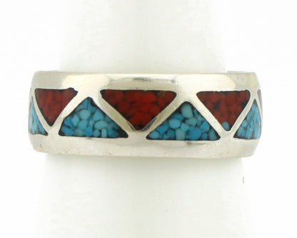 Navajo Ring 925 Silver Natural Turquoise & Coral Native American Artist C.80's