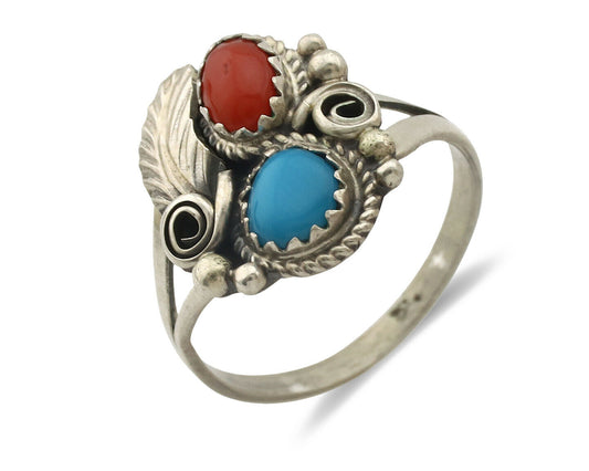 Navajo Ring .925 Silver Morenci Turquoise & Coral Native Artist Signed JM C.80's