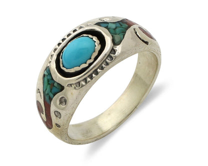 Navajo Handmade Ring 925 Silver Blue Turquoise & Coral Native American C.80's