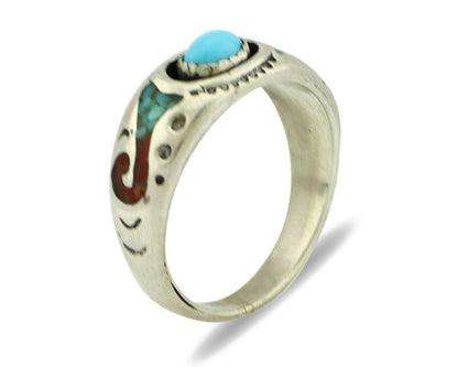 Navajo Handmade Ring 925 Silver Blue Turquoise & Coral Native American C.80's