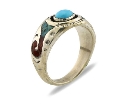 Navajo Handmade Ring 925 Silver Blue Turquoise & Coral Native American C.80's