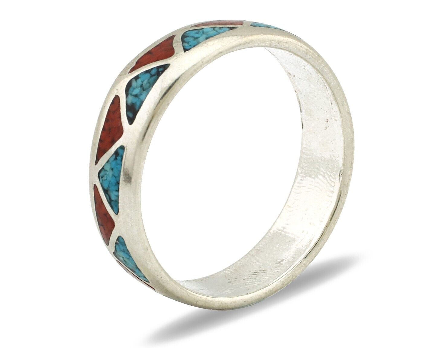 Navajo Chip Inlay Ring 925 Silver Sleeping Beauty Turquoise & Coral Silver Cloud