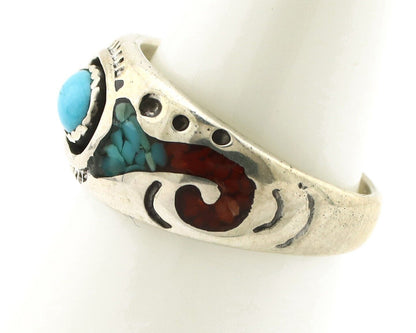 Navajo Handmade Ring 925 Silver Blue Turquoise & Coral Native American C.80's