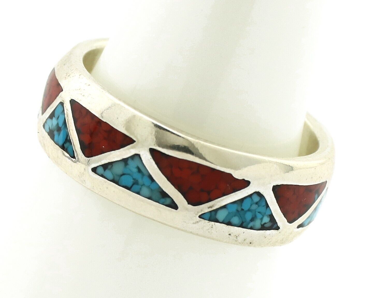 Navajo Chip Inlay Ring 925 Silver Sleeping Beauty Turquoise & Coral Silver Cloud