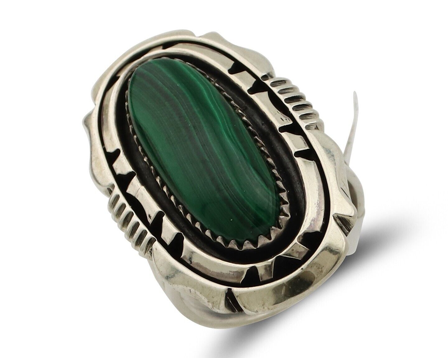 Navajo Ring .925 Silver Malachite Hand Stamped Signed William Denetdale C.80's