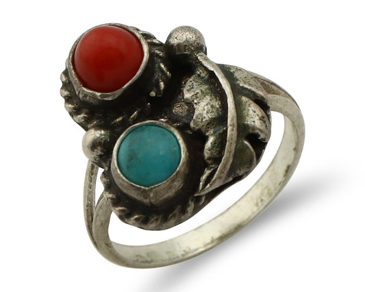 Navajo Handmade Ring 925 Silver Turquiose & Coral Native American Artist C.80's