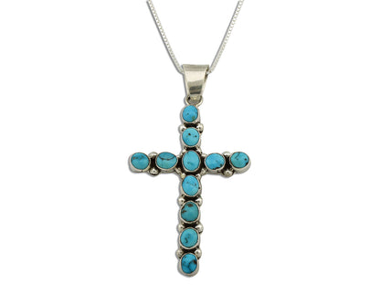 Navajo Cross Necklace 925 Silver Natural Blue Turquoise Artist Signed NS C.80's