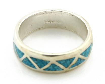Navajo Chip Inlay Ring 925 Silver Sleeping Beauty Turquoise Artist Silver Cloud