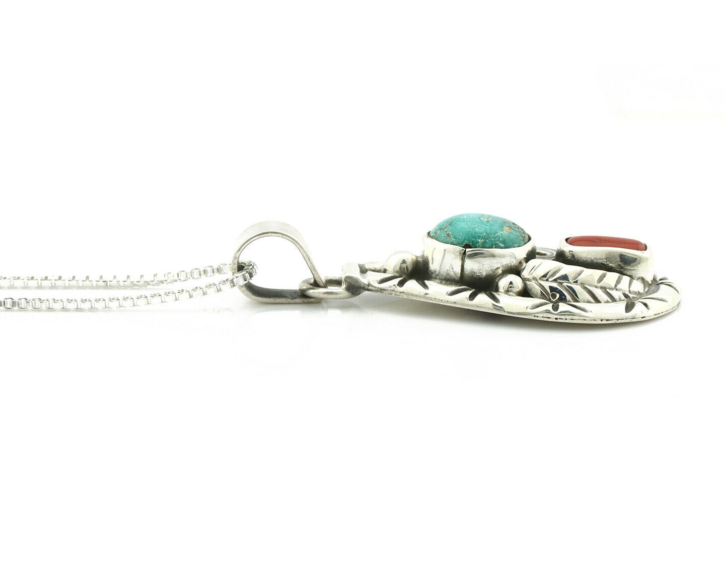 Navajo Necklace .925 Silver Natural Blue Turquoise & Coral Signed Tipi C.80's