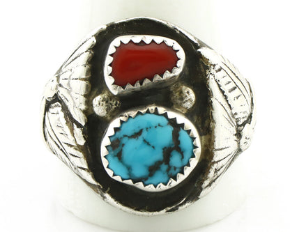 Navajo Ring 925 Silver Turquoise & Coral Handmade Native American Artist C.1980s