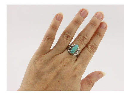 Navajo Ring 925 Silver Natural Blue Turquoise Artist Signed Pictograph C.80's
