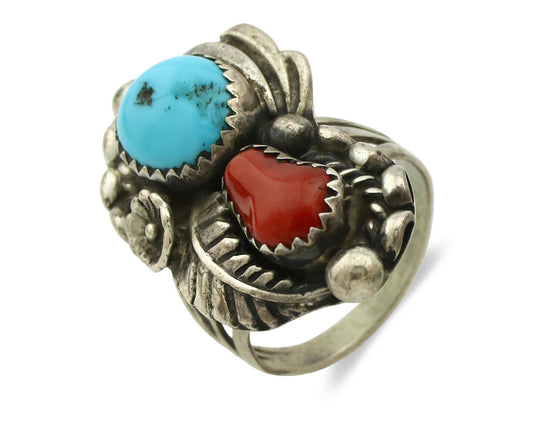 Navajo Ring .925 Silver Turquoise & Coral Artist Signed Thomas Singer C.80's