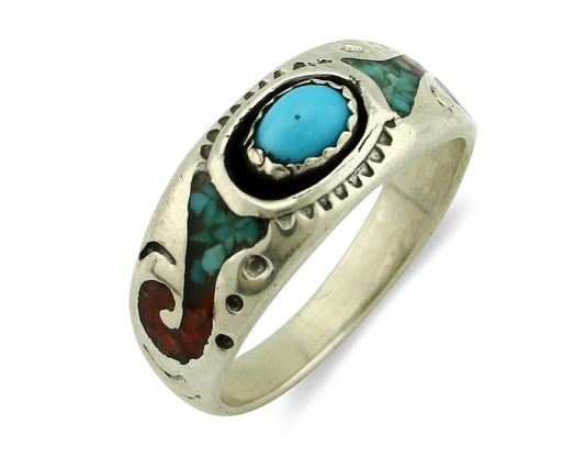 Navajo Handmade Ring 925 Silver Blue Turquoise & Coral Native American C.80's