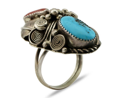 Navajo Ring 925 Silver Blue Turquiose & Coral Artist Signed JM C.80's