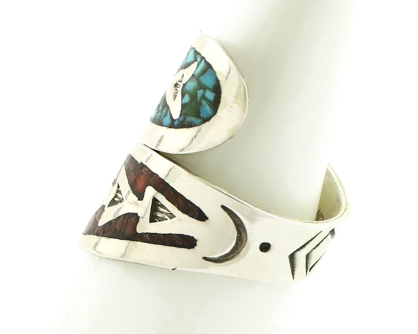 Navajo Chip Inlay Ring 925 Silver Turquoise & Coral Artist Native Artist C.80's