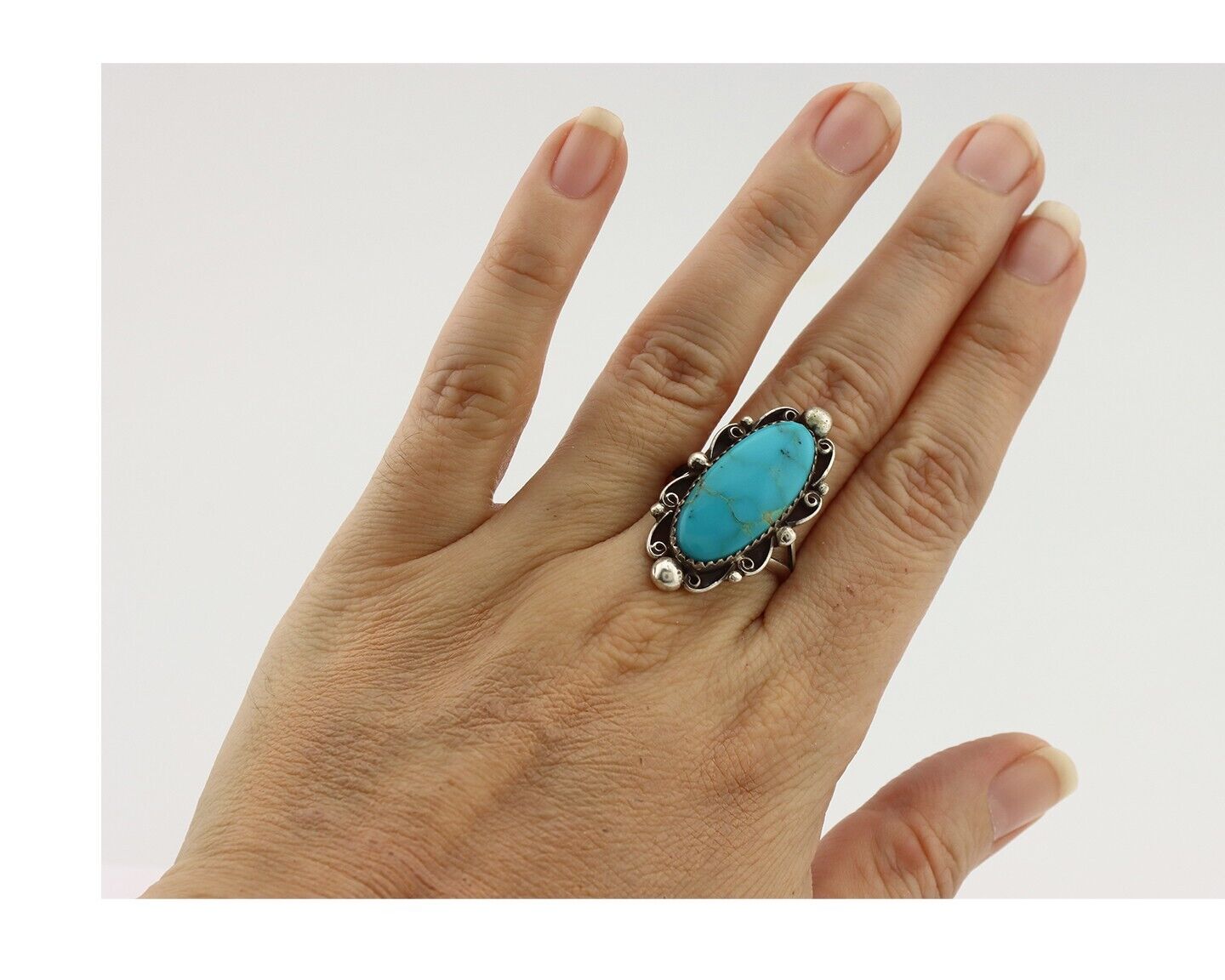 Navajo Ring .925 Silver Blue Gem Turquoise Artist Signed Billy Eagle C.80's