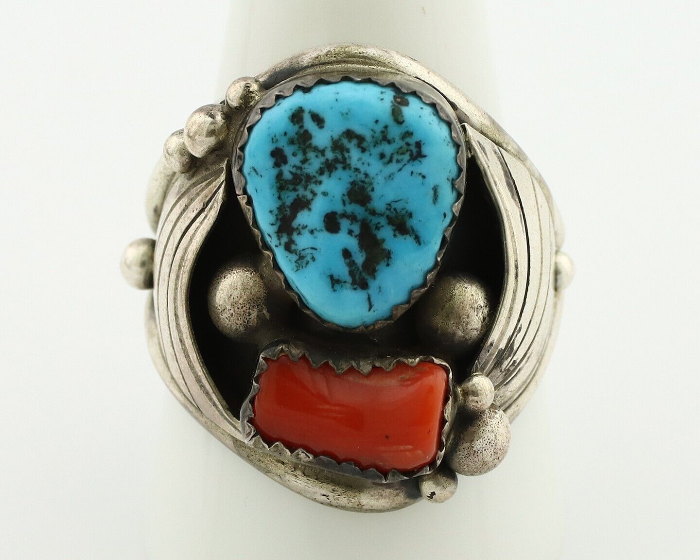 Zuni Ring 925 Silver Blue Turquoise & Coral Artsti Signed Patsy Allopowa C.80's