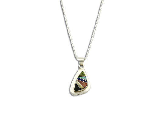 Women's Inlaid Necklace 925 Silver Natural Gemstone Pendant Signed Wayne Etsitty