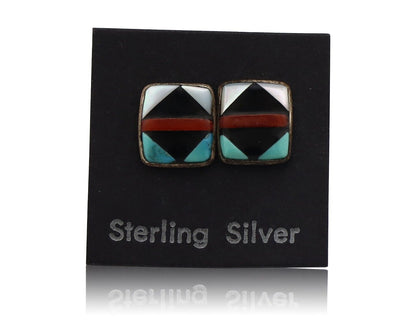 Zuni Earrings 925 Silver Natural Gemstones & Turquoise Native Artist C.80's