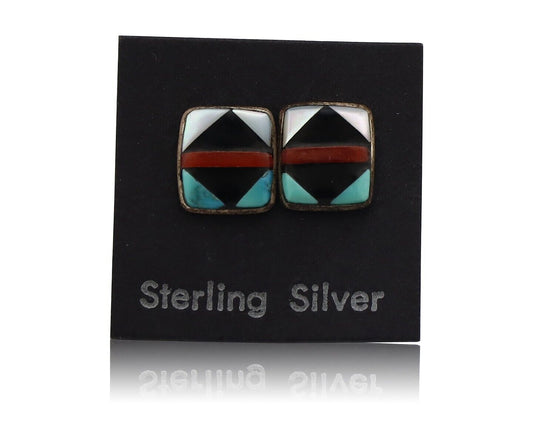 Zuni Earrings 925 Silver Natural Gemstones & Turquoise Native Artist C.80's