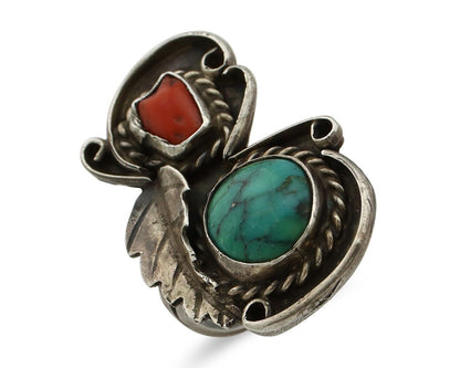 Navajo Handmade Ring 925 Silver Turquiose & Coral Native American Artist C.80's