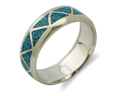Navajo Chip Inlay Ring 925 Silver Sleeping Beauty Turquoise Artist Silver Cloud