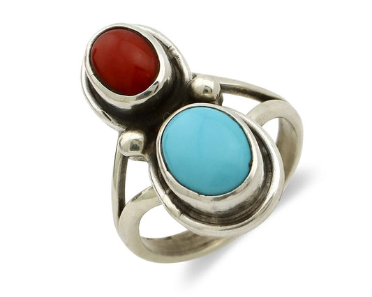 Navajo Handmade Ring 925 Silver Coral & Turquoise Native American Artist C.80's