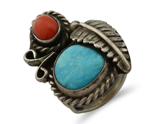 Navajo Handmade Ring 925 Silver Turquiose & Coral Native American Artist C.80's
