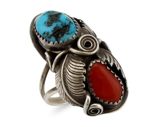 Navajo Handmade Ring 925 Silver Turquiose & Coral Artist Signed MP C.80's