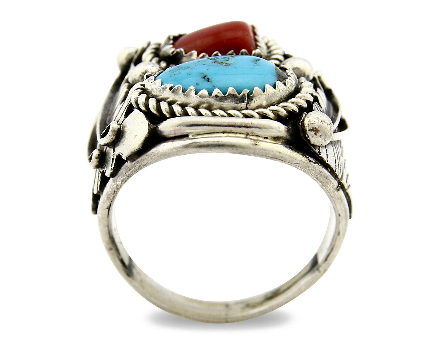 Navajo Ring .925 Silver Turquoise & Coral Handmade Artist Signed Bear Claw C80s