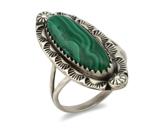 Navajo Ring 925 Silver Natural Malachite Artist Native American Signed H C.80's