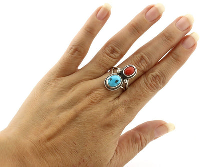 Navajo Inlay Band Ring 925 Silver Turquoise & Coral Native Artist C.80's